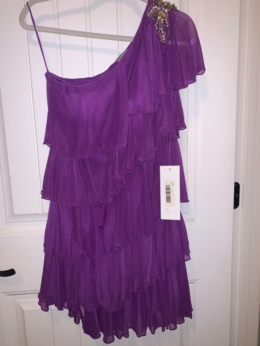 Jovani Purple One-Shoulder Tiered Ruffle Prom Dress with Embellished Shoulder